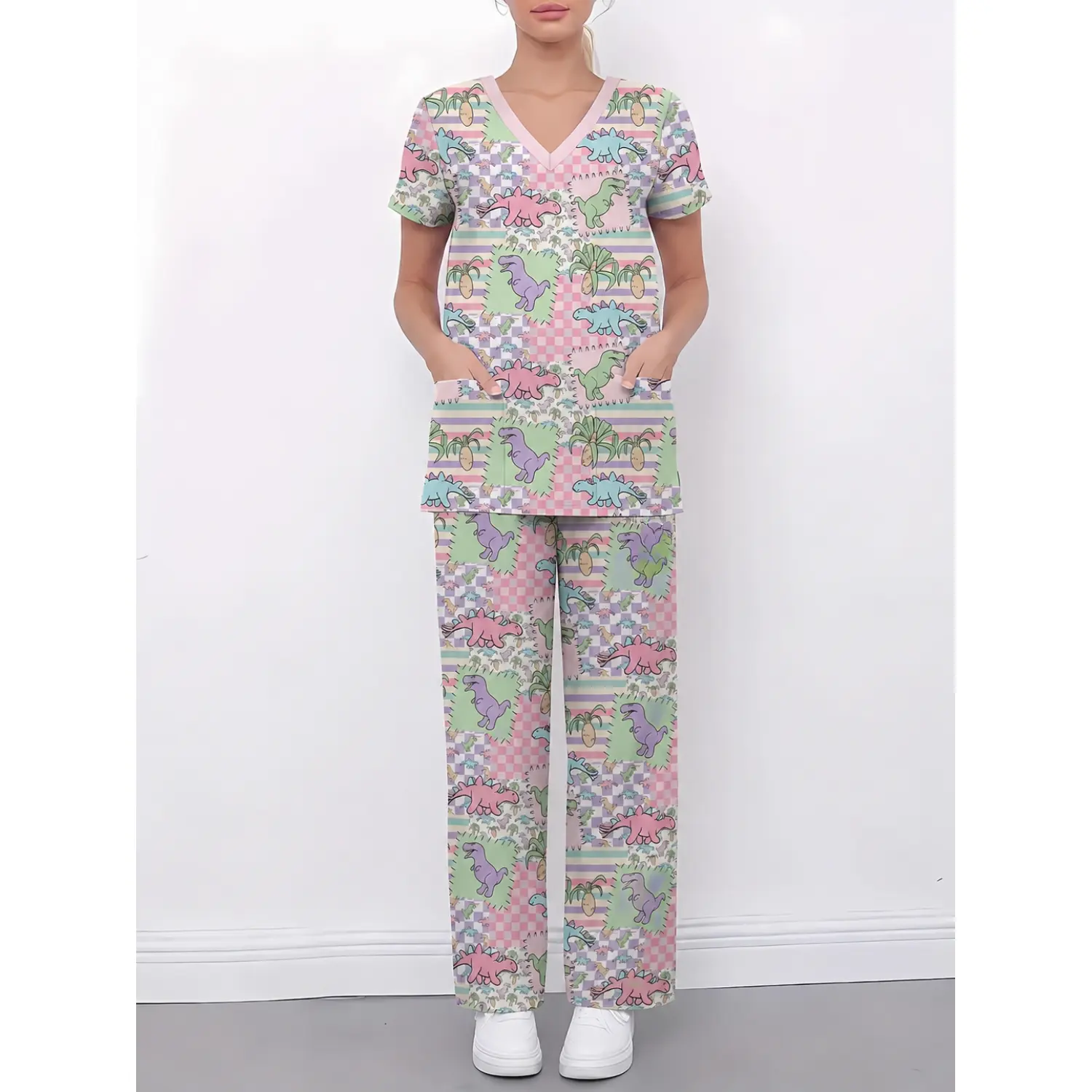 Women's Pastel Dinosaur Print Scrub Set - V-Neck Top & Straight Leg Pants, Comfortable Medical Nurse Uniform Set
