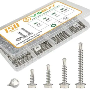 150Pcs Self Drilling Screws Assortment Kit, 410 Stainless Steel Self Tapping Sheet Metal Screws, #8 1/2" 3/4" #10 1" 1-1/2", Hex Washer Head