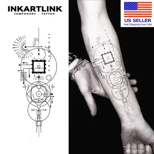 INKARTLINK Tattoo Tech, 2 Sheets Large Semi Permanent Tattoo, Adult Art Design Temporary Tattoos, Lasts 1-2 Weeks, Waterproof, Realistic Look, No Adhesive, No Reflection (Geometric Design)