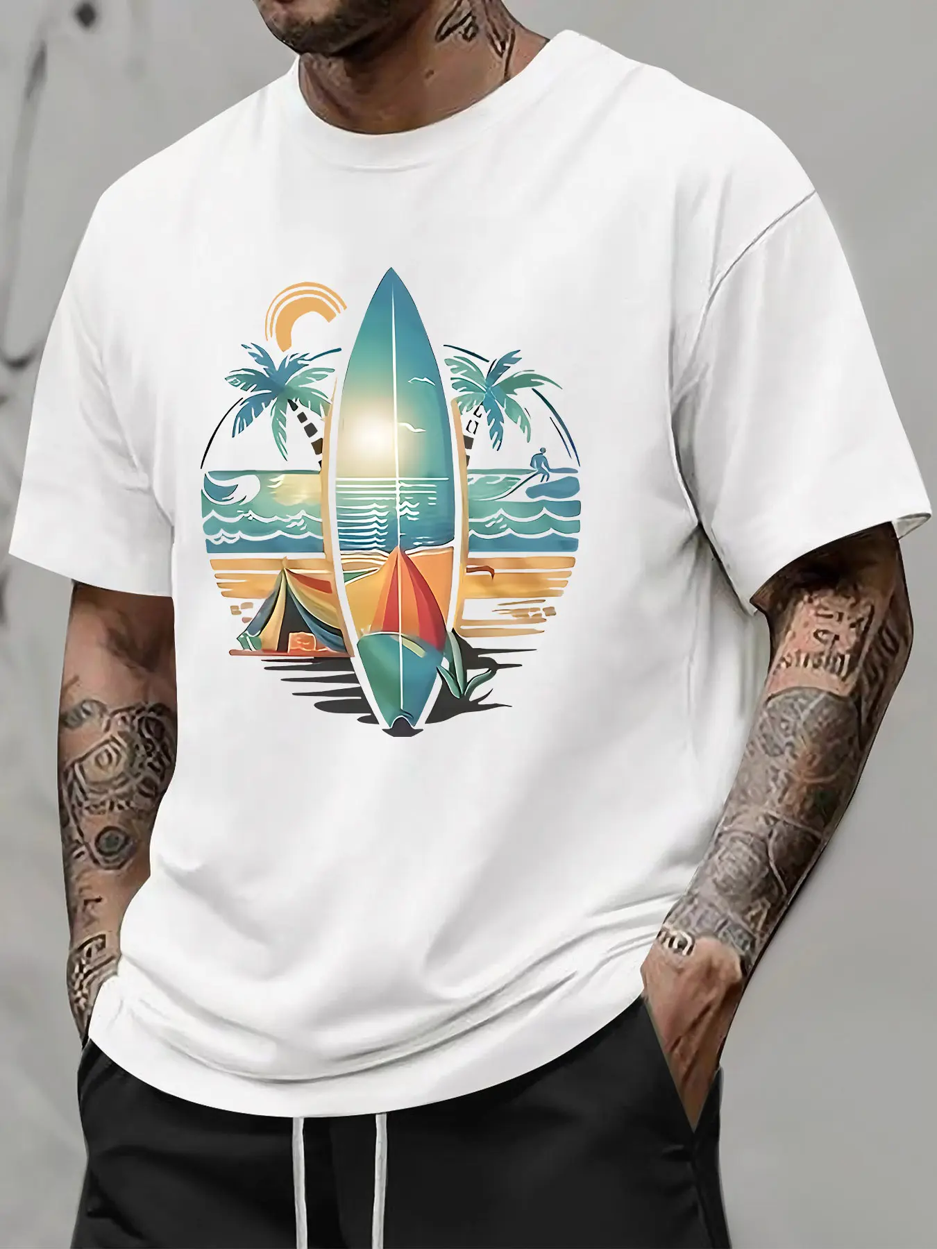 Men's Surfing Beach Print T-Shirt - Hawaiian surfboard, palm tree, and wave pattern paired with teal ocean color blocks - Gray summer casual short-sleeve crew neck shirt, suitable for surfing, vacations, and everyday wear - Couple's style
