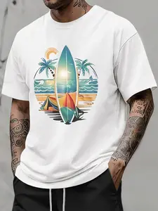 Men's Surfing Beach Print T-Shirt - Hawaiian surfboard, palm tree, and wave pattern paired with teal ocean color blocks - Gray summer casual short-sleeve crew neck shirt, suitable for surfing, vacations, and everyday wear - Couple's style