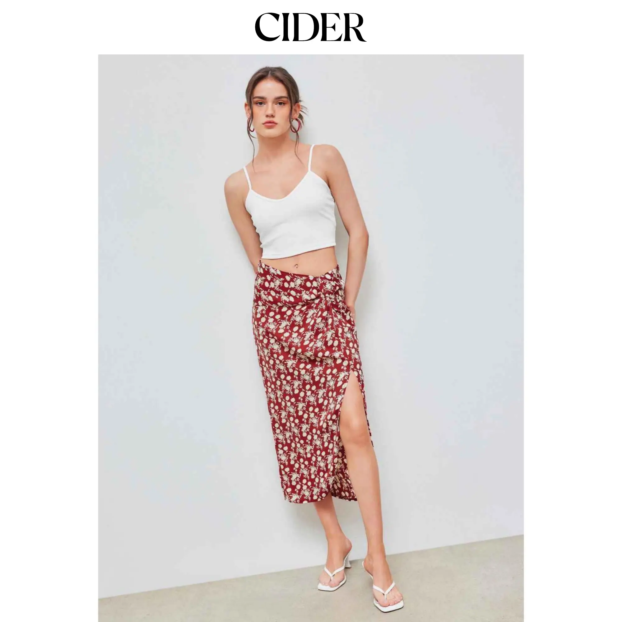 Cider 2-Piece Women's Clothes Set | Solid Crop Cami Top & Floral Print Twist Detail High Split Maxi Skirt, Sleeveless, Fitted, Skirts, Casual, Lady, Xxs