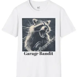 Garage Bandit Raccoon T-Shirt – Funny Animal Tee for Music Lover Gift, Unisex Graphic Shirt, Unique Band Merchandise, Soft Ring Spun Cotton Fabric, Classic Fit Retro Oversized Graphic Tee, Formal Knit Menswear Punk Ribbed Print Tops