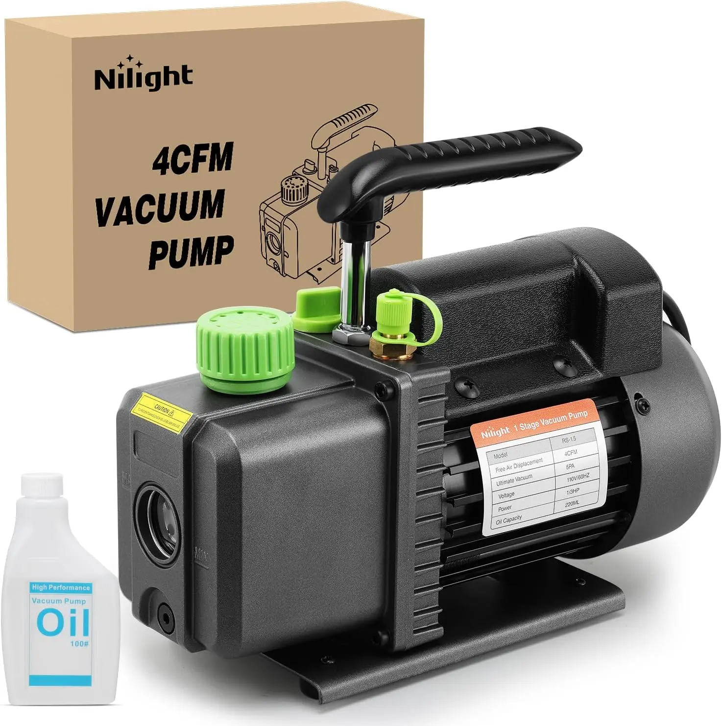 Nilight 4 CFM Vacuum Pump HVAC, 1/3 HP 110V Single Stage AC Vacuum Pumps Kit for R22 R404a R134a R410a, 5 Pa Ultimate Vacuum for Auto Air Conditioning Servicing Refrigerant Recharging, Oil Included