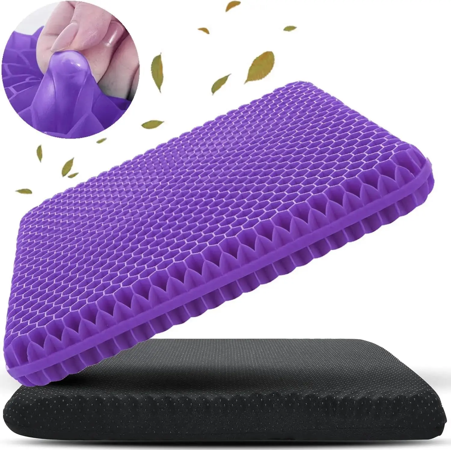 Double Thick Honeycomb Gel Seat Cushion - Car Support Seat Cushions for Office Workers, Anti-Slip Washable Cover, Cooling Breathable Ergonomic Pressure Relief Pad, 15.75x13.39x1in (for Office Chair, Wheelchair, Long Flights)
