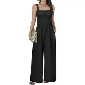 Women's Summer Pleated Jumpsuit Pants Casual Loose Wide Leg Set Sleeveless Jumpsuit in Black with Smocked Waist