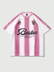 Trendy Men's Pink & White "Boston" Soccer Jersey, Oversized Short Sleeve V-Neck Striped Tee, Retro Sporty Streetwear Top for Street Style & All-Day Daily Wear #MensStreetwearJersey #RetroSoccerFashion #VersatileSummerTee