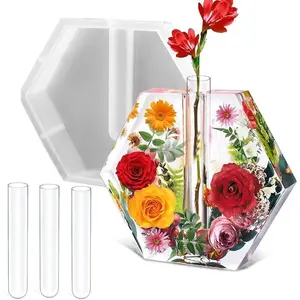Large Hexagon Silicone Molds for Resin, Glossy Deep 9" Epoxy Resin Molds w/3 Test Tubes, 3D Large Molds for Flowers Preservation, Resin Art, DIY Wedding, Anniversary, Birthday Gifts, Home Decors