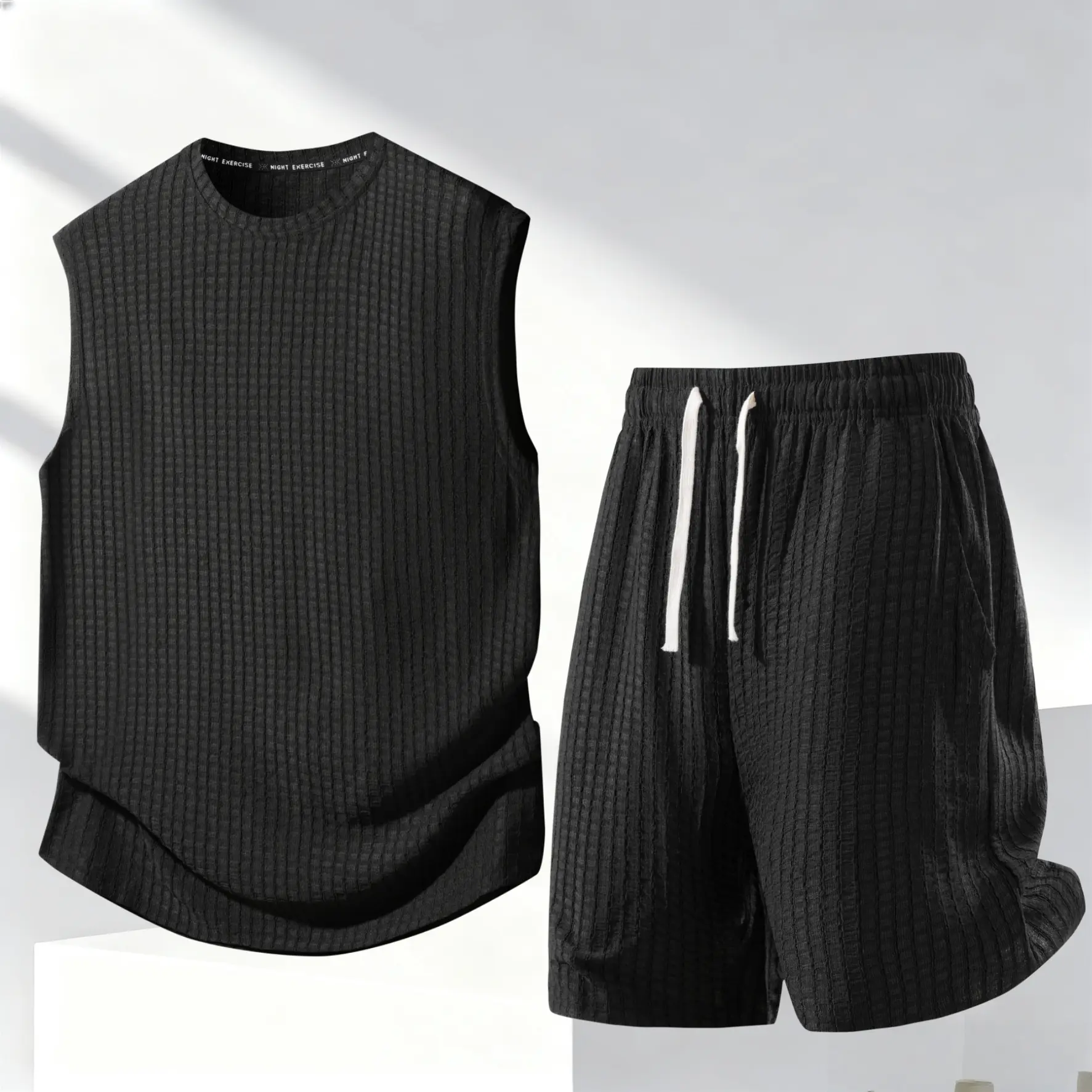 Men's Athletic Overall 2-Piece Set - Casual Textured Plain Crew Neck Tank Top & Fitted Above The Knee Drawstring Shorts, Breathable Elastane, Polyester Blend, Menswear, Sleeveless, Fabric, Round Neck, Snug Shorts, Tank Top + Shorts