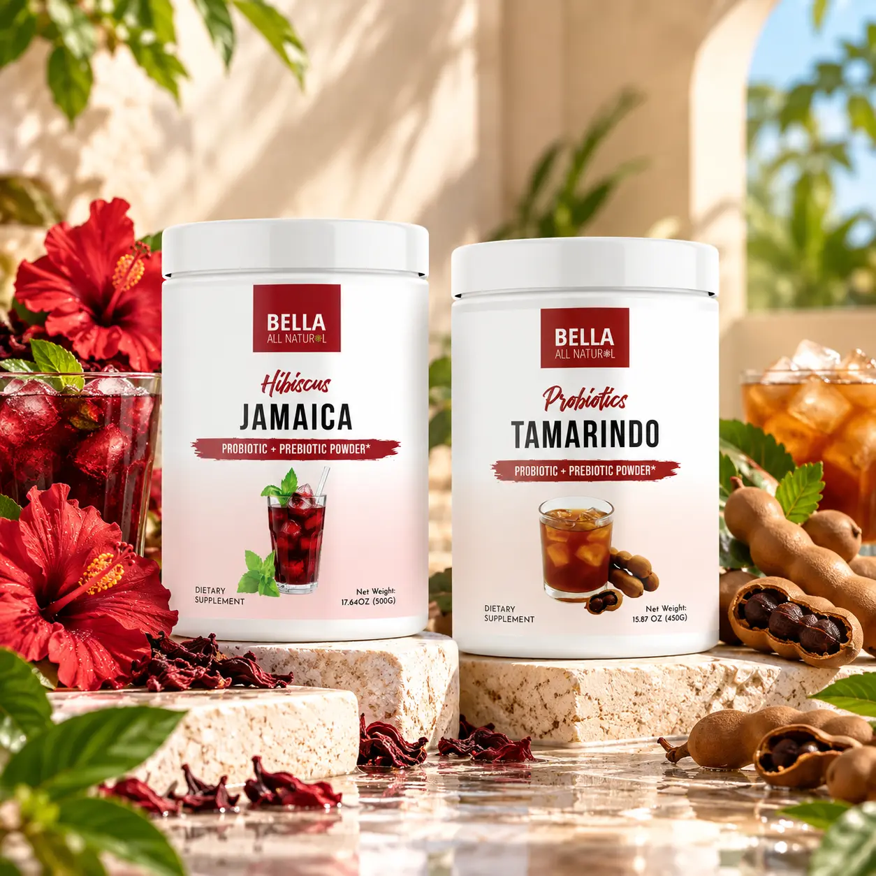 Bella All Natural Tropical Probiotics Duo: Hibiscus Jamaica + Tamarindo Probiotics