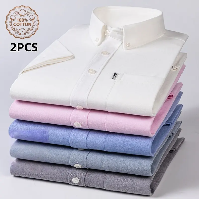 Men's 2-Piece 100% Cotton Shortsleeve Oxford Shirt Set - Button-Down Collar, Regular Fit, Garment Washed, Plain, Soft, Breathable, Wrinkle-Resistant, 7 Colors, for Business Casual Office Daily Wear, Menswear