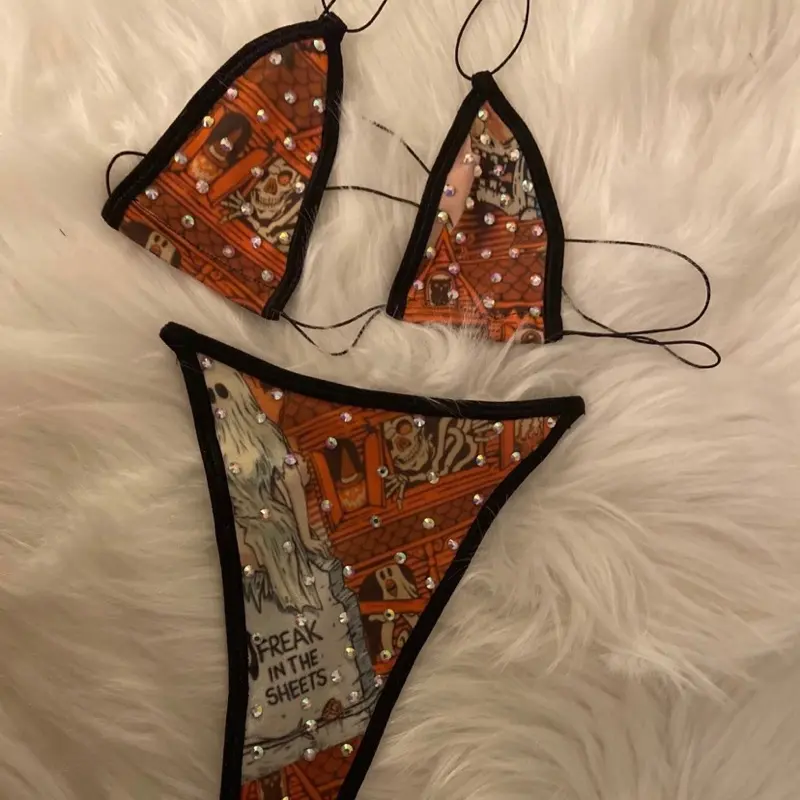 (Haunted)Custom Exotic Dancewear Microkini Set - Strappy Top & Pants with beautiful Design Adjustable Straps Comfortable Fit for Dancing