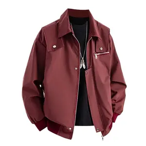 Men's Wine Red Oversized Jacket - Featuring a lapel collar, buttoned zipper placket, colorblock trim, and a casual, fashionable silhouette, it's perfect for everyday wear and trendy outfits.