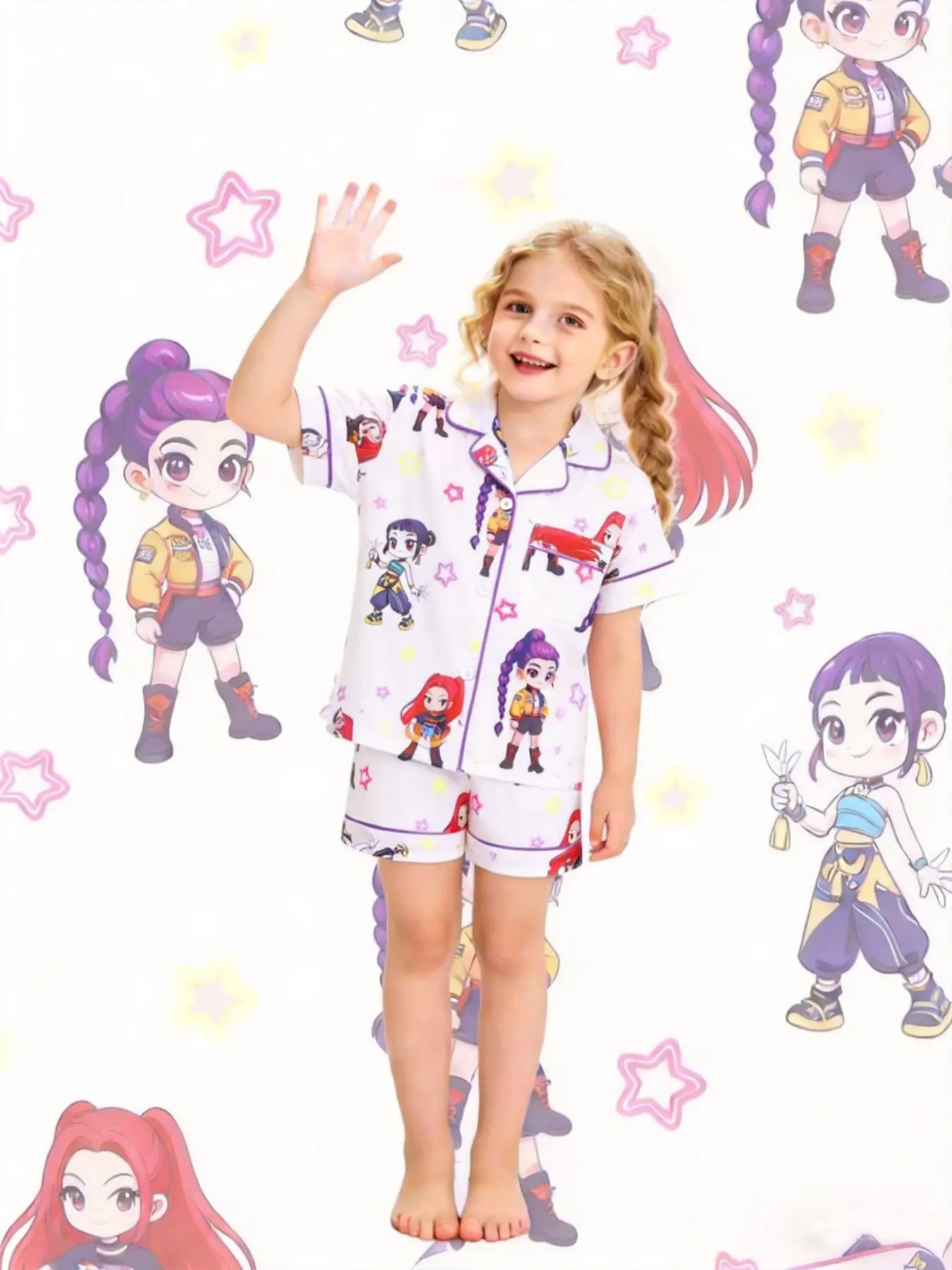 2-piece children's kpop cartoon character printed short sleeved shorts with soft collar, small pocket elastic waistband, daily casual sleepwear set, Pajama Sets
