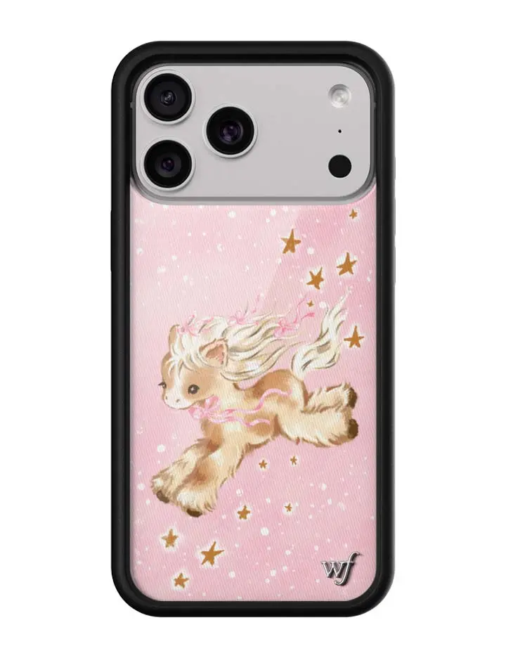 Pony Dreams | Limited Edition Trendy iPhone Case | Raised Protective Black Bumper | Women Owned Small Business | Pretty Pink Background White Stars Brown and Tan Pony | Safety Casing Protective | Gift for Her