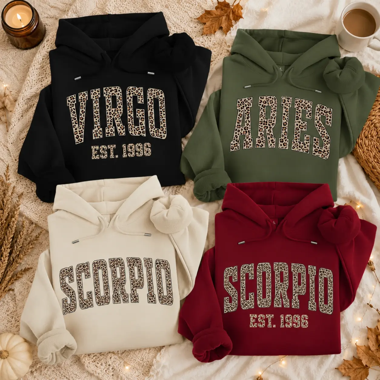 Custom Zodiac Leopard Print Hoodie, Personalized Birth Year Hoodie, Virgo Aries Scorpio Hoodie, Astrology Gift, Unisex Gildan Hoodie, EST Year -DPCLICK