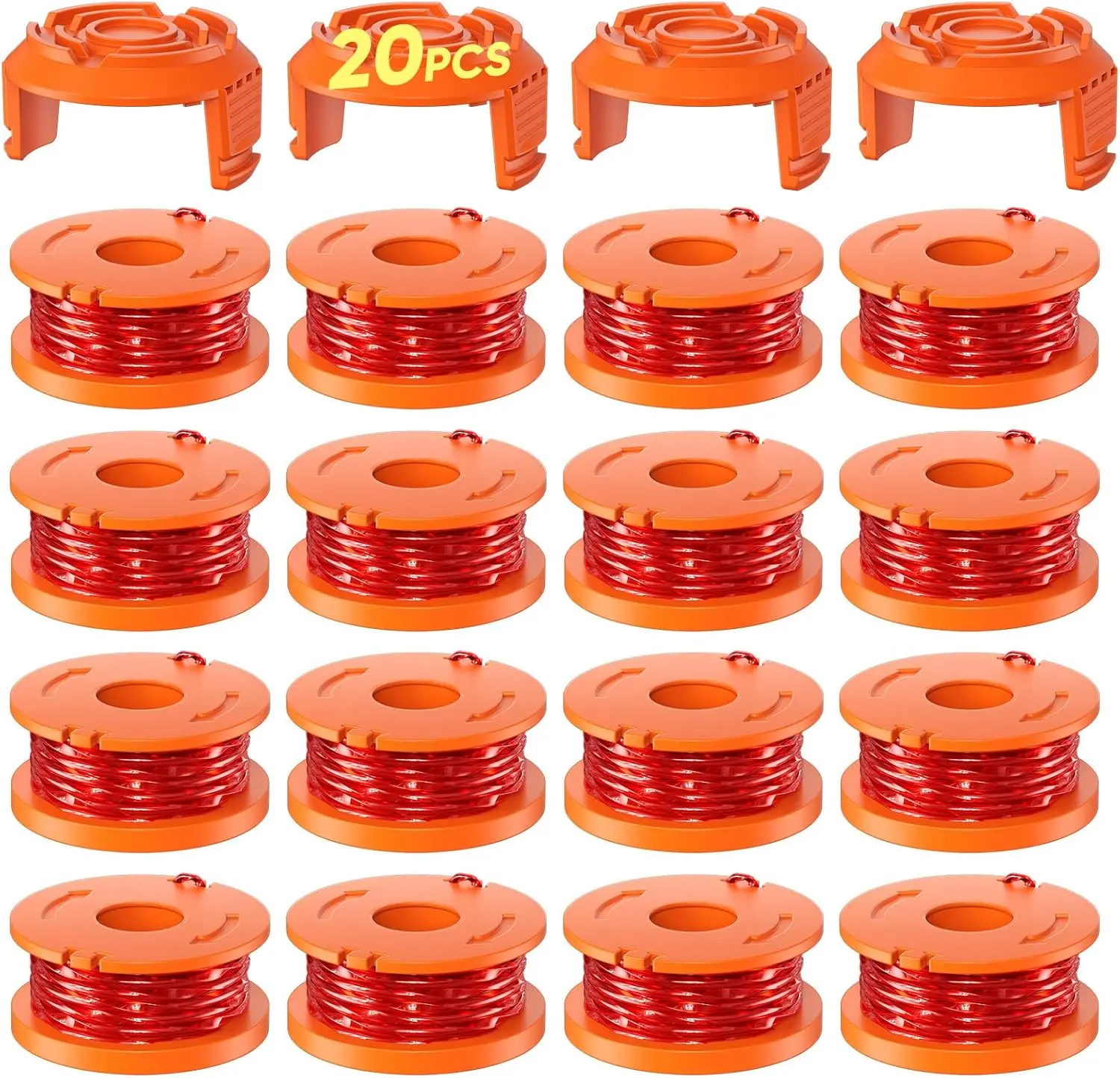 20-Pack WA0010 Centrifugal Force Weed Eater String, 0.065in 10ft Each, 16 Spools+4 Caps (4 Packs of WA6531 Spool Covers), 50% Higher Abrasion Resistance, Replacement for Worx String Trimmers, 0.065 Inch