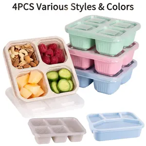4 Pack Reusable 4/5 Compartment Bento Lunch Box, Leakproof Divided Food Container with Lid, Sauce Box & Cutlery, Stackable Food Grade Eco Lunchbox for Meal Prep, School, Work, Travel, Picnic, Adults Kids Toddlers, Bento Boxes