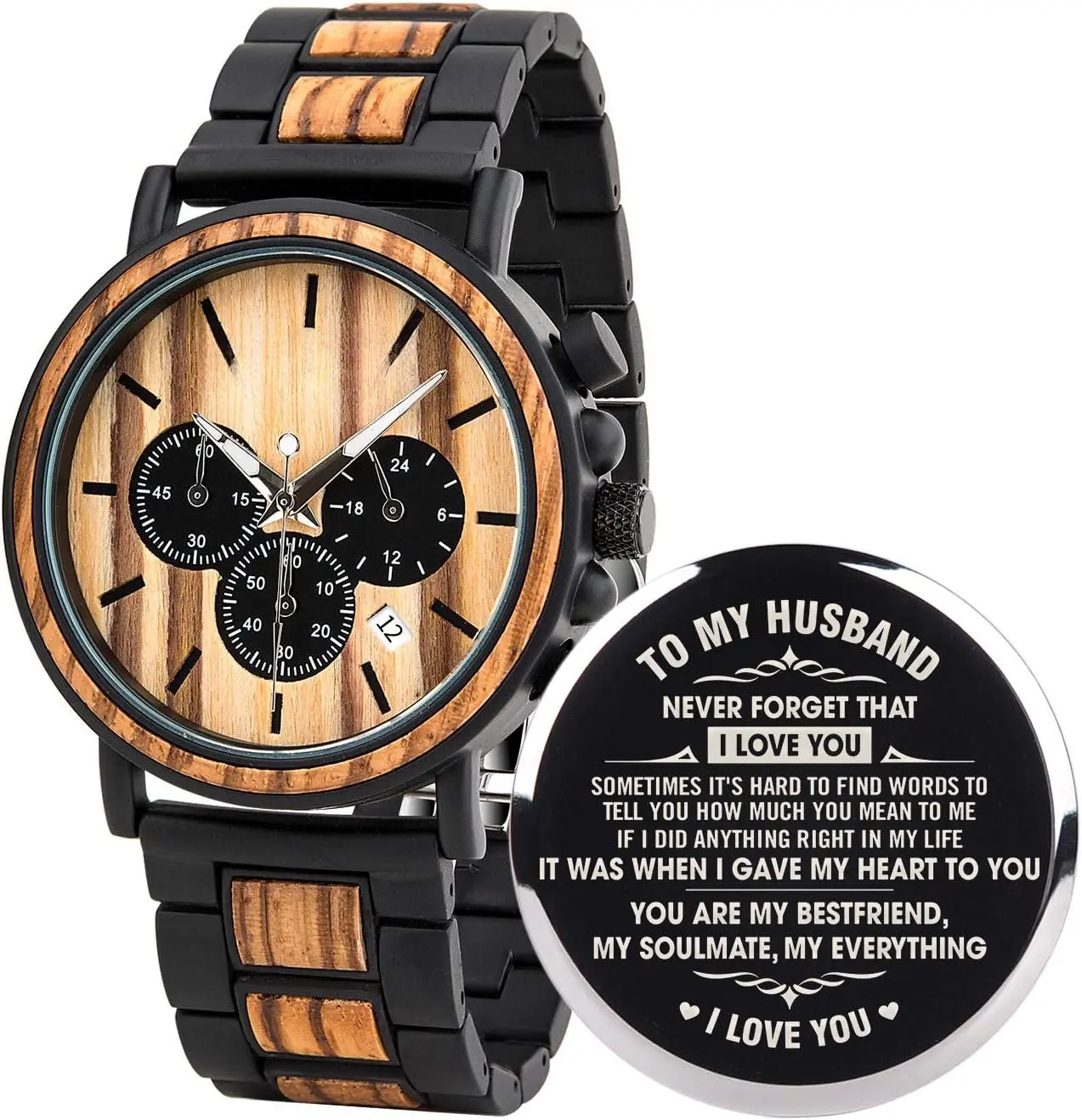 Mens Personalized Engraved Wooden Watches, Stylish  & Stainless Steel Combined Quartz Casual Wristwatches for Men Family Friends Customized Watch