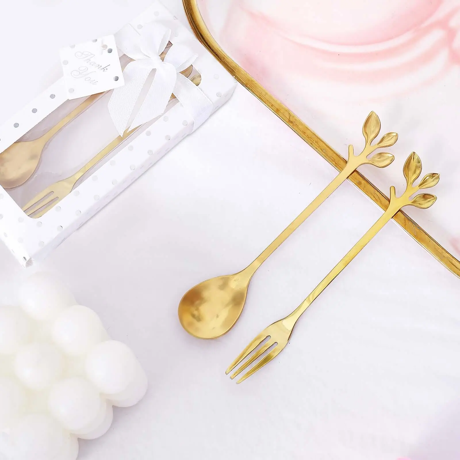 Gold Metal Spoon & Fork Pre-Packed Wedding Party Favors Set With Leaf Shaped Handle, Bridal Shower Souvenir Gift Box 5"