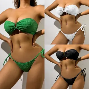Women's Textured Bandeau Bikini Set | 2026 Trending O-Ring Front Two Piece Swimwear | Tie Side Cheeky Bottoms, Stretch Fabric, Quick Dry | Perfect for Beach, Pool Party, Vacation & Summer Getaway sexy Strapless High-Waisted Triangle Swimsuit Pleated
