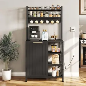 DWVO Bakers Rack with Trash Can Bin Cabinet and Power Outlet, Microwave Stand Cabinet with 6 Hooks, 6-Tiers Farmhouse Kitchen Tall Thickened Coffee Bar Table,Black/White