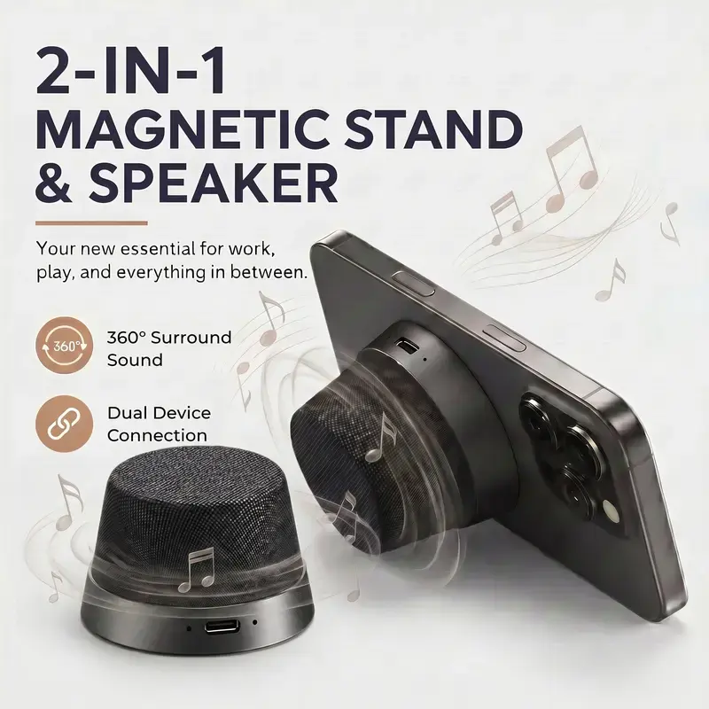 2-in-1 Magnetic Phone Stand & Bluetooth Speaker, Mini Portable Speaker with TWS Dual Pairing, 360 ° Surround Sound Phone Holder for Smartphones，Outdoor Speaker, Travel & Gift Ideas, Black Cellphone Audio Audio