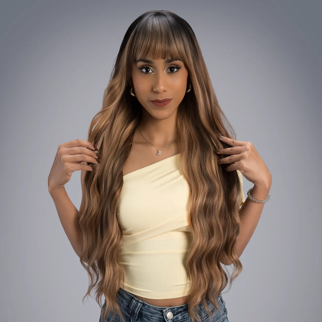 30-Inch Honey Wheat Brown with Dark Roots Body Wave Synthetic Wig | 【Heat Resistant】【Cap Included】 | #40 @20 42FSGB