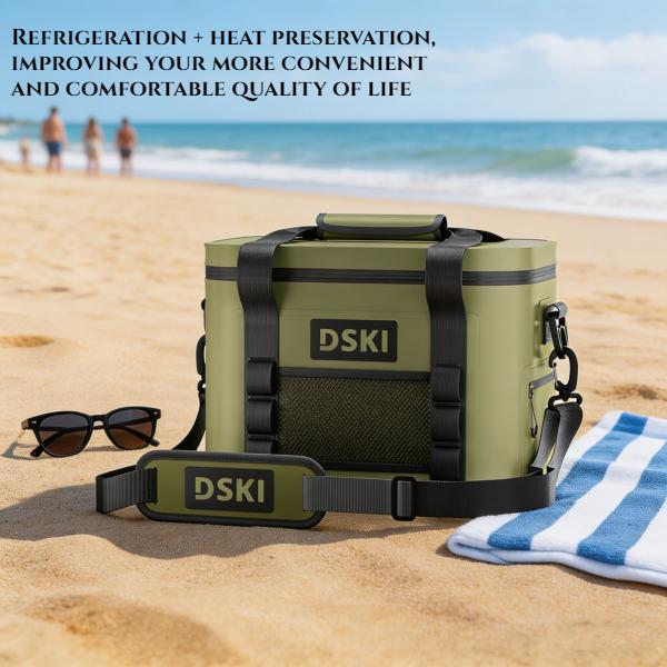 New outdoor cooler bag, lunch bag - grey/green, with insulation and refrigeration protection,large capacity of 30 cans/15 bottles, thick handle and adjustable shoulder strap,for party, camping, fishing, long-distance truck driver commuting, takeout etc.