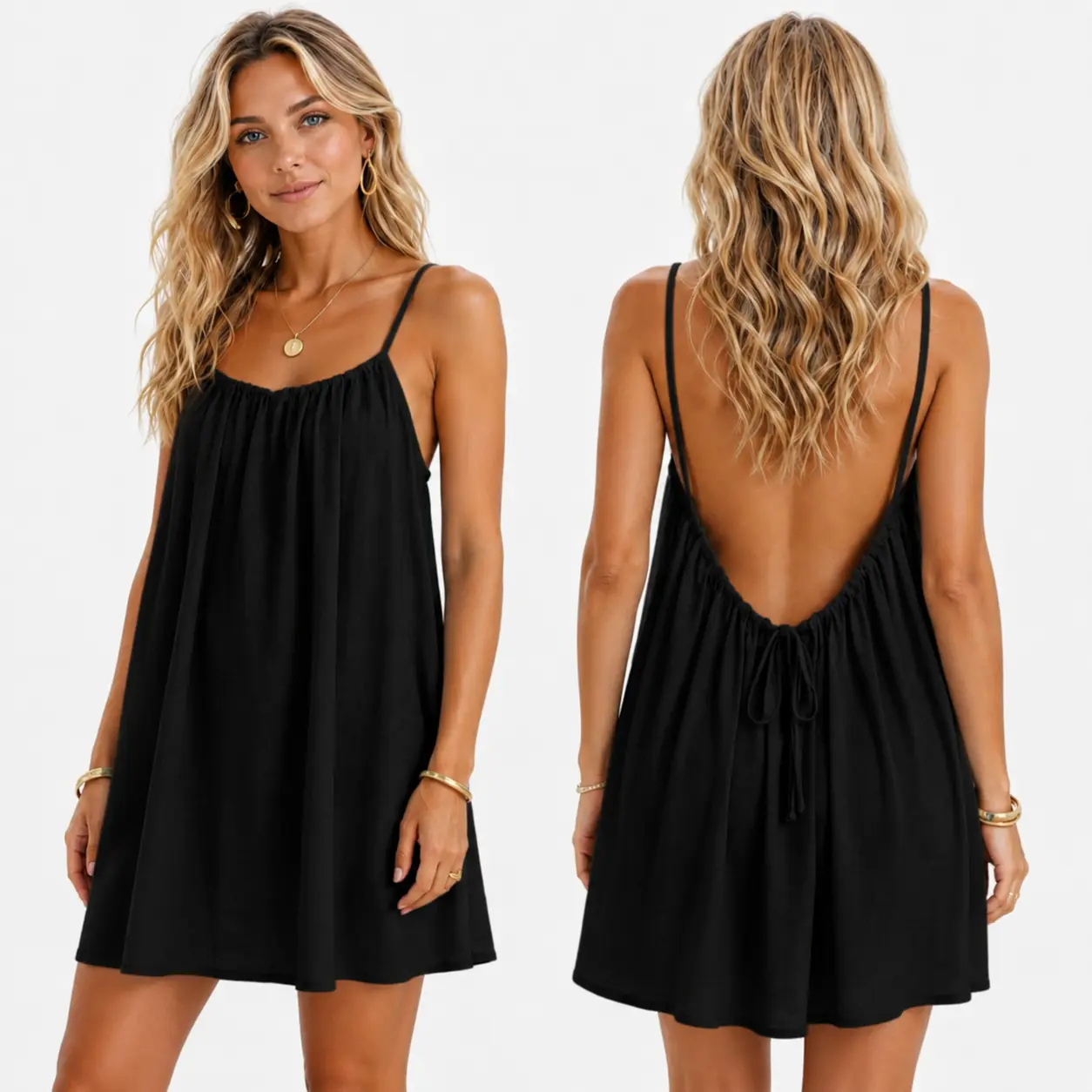 Women's Solid Color Backless Spaghetti Strap Cami Short Dress, Casual Minimalist Sleeveless Short Dress for Summer, Ladies Clothes for Beach Holiday Vacation, Backless Short Dresses, Womenswear