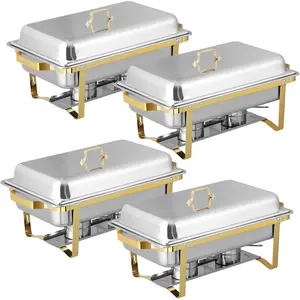 Answer E 4 Pack 8QT Food Warmer, Rectangular Chafing Dish Buffet Set W/Foldable Legs, Stainless Steel Full Size Chafer Dish for Parties, Gold/ Silver