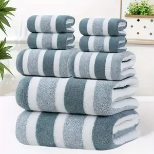8-piece set, lint-free, super absorbent, ultra-soft dual-color striped bath towel set, including 2 large bath towels, 2 large face towels, and 4 hand towels,summervibes