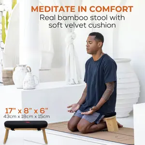 YOGA DOOD Foldable Bamboo Meditation Bench with Velvet Cushion for Zen Seiza Sitting – Travel Yoga Stool to Ease Back & Knee Strain