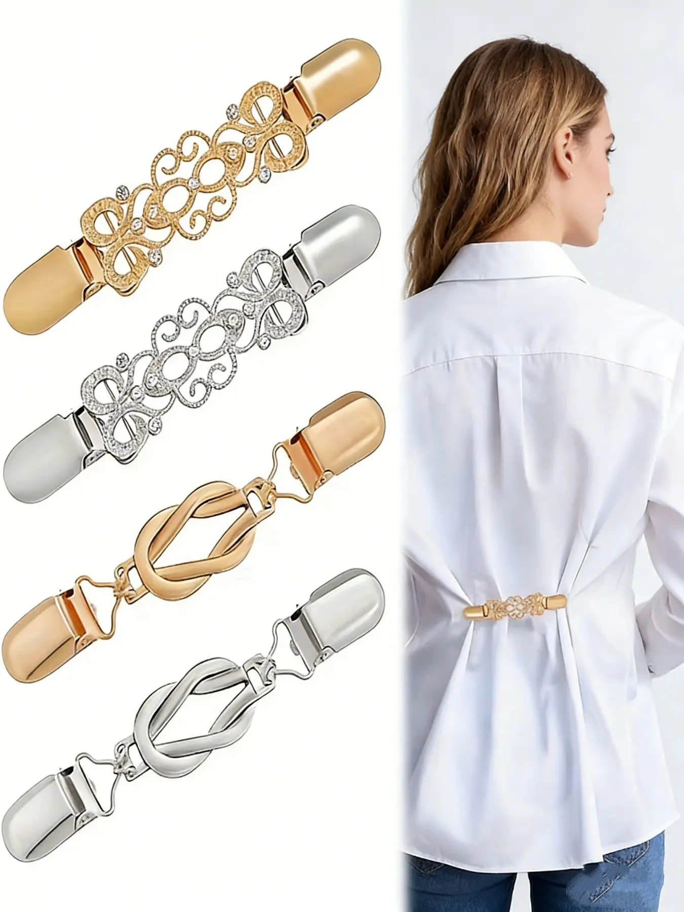 4pcs Vintage-Inspired Waist Cincher Clips for Women, Adjustable Metal Brooches, Waist Tightener Buckle, Secure Hold, No-Slip Design, All-Season Use, Durable, Decorative Buckle Set, Waist Accessories