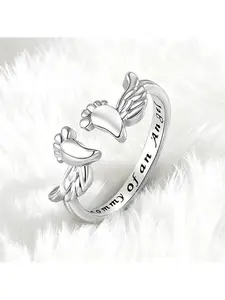 2-Pcs Mommy of an Angel Memorial Ring Adjustable Footprint & Wing Cuff Polished Sliver Birthday, Mother's Day Gift for Grieving Mons Daily Wear Sentimental Jewelry