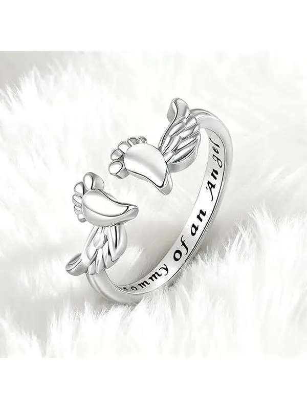 2-Pcs Mommy of an Angel Memorial Ring Adjustable Footprint & Wing Cuff Polished Sliver Birthday, Mother's Day Gift for Grieving Mons Daily Wear Sentimental Jewelry