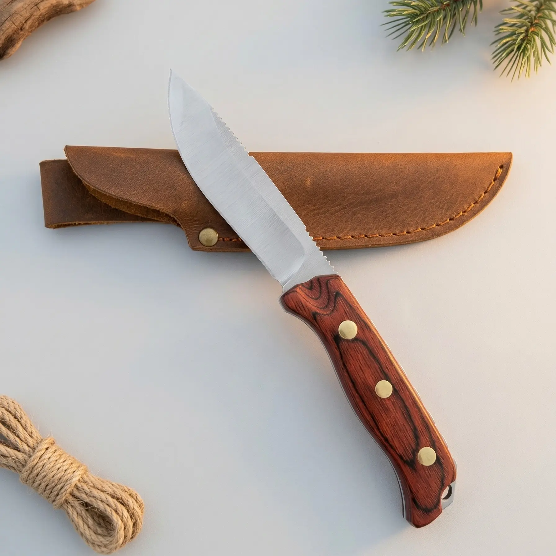 BM 15002 Portable EDC Outdoor Camping Knife - CPM-S30V Steel Edge, Rugged Wood Grip, Leather Sheath, Field Dressing Aid, Wear-Resistant, Compact Gear, Emergency Survival Kit Supplies for Camping, Daily Use, Men's Gift