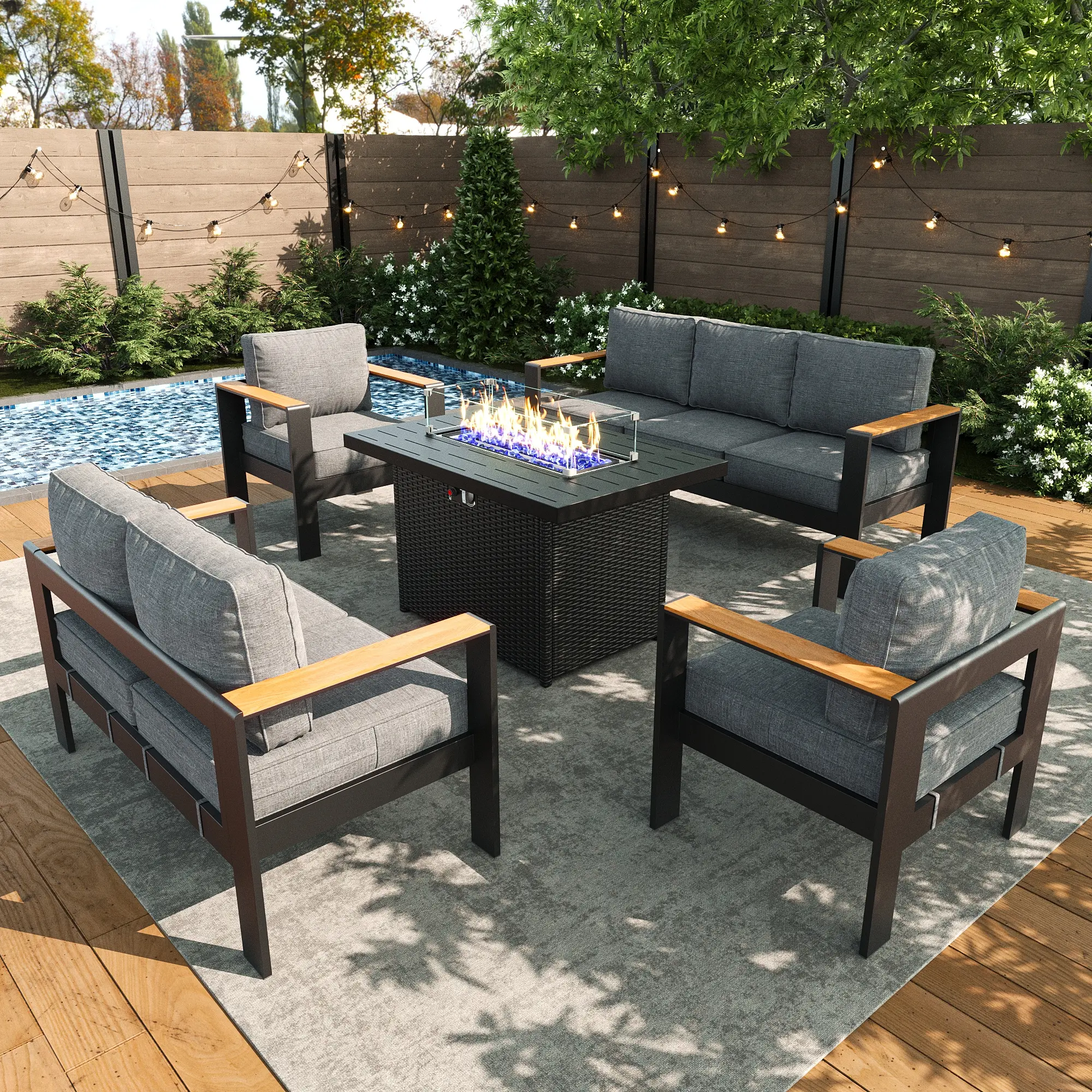 【3/4/5 Packages Shipping】LayinSun Aluminum Outdoor Furniture Set with Fire Pit Table, Outside Patio Deep Seating Conversation Set with Upgraded Washable Thick Cushion