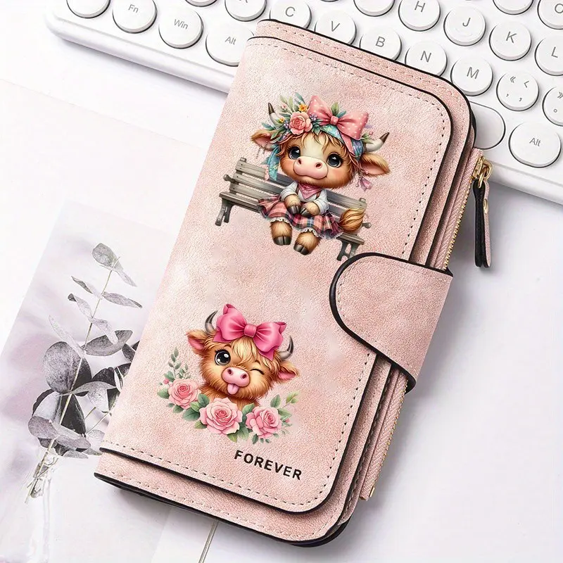 1pc Highland bull pattern women's long wallet, multi-functional Casual wallet, portable snap coin purse, fashion wallet, Fashionable Wallet, birthday gift and daily commuting essential, suitable for outdoor, travel and family use, 2.25CYJ-5