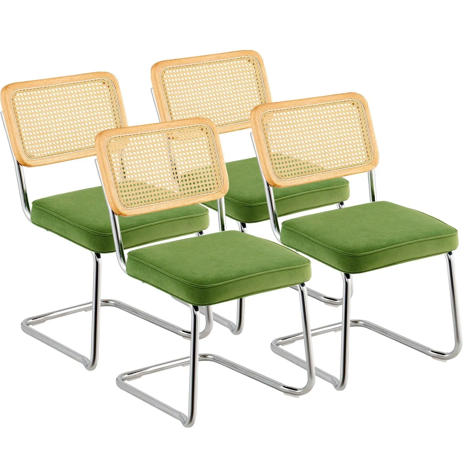 VEVOR Rattan Dining Chairs Set of 4,  Mid Century Modern Dining Chair, Upholstered Velvet Accent Chair with Rattan Back, Retro Dining Room Kitchen Chair for Living Room, Bedroom, Office (18.1 Inch)