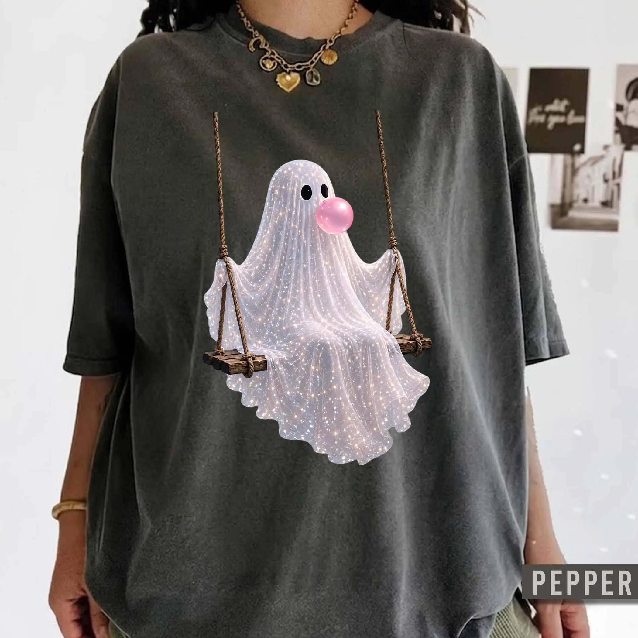 Comfort Colors Ghost Swing Halloween Shirt - Glowing Spooky Ghost Tee, Bubblegum Ghost Graphic Shirt, Cute October Outfit, Whimsical Fall Gift for Women Tee