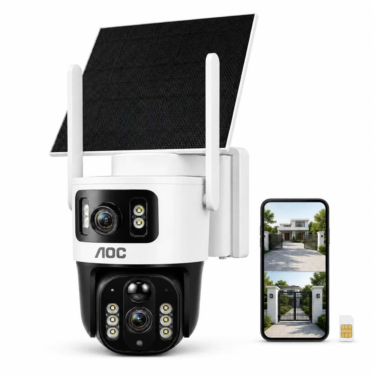 AOC 4G LTE Solar Outdoor Security Camera, Dual-Lens Dual-View, AI Auto Tracking, Color Night Vision, 2-Way Audio, IP65, Security Cameras for Home & Farm, 10400mAh, No WiFi Needed, 7-Day Free Trial Then 4G Plan Required