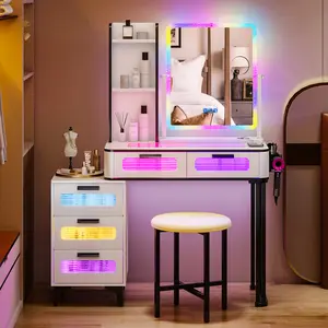Vlsrka RGB Makeup Vanity Table with Wireless Charging Station, LED Vanity Make up with Visible Desktop,7 Dynamic and 7 Static Dimmable Vanity Table Set with 5 Drawers, Girls' Dream Vanity Furniture Organization Storage Modern Minimal Interior