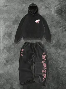 Men's Two-Piece Fashion Casual Set with Floral Cherry Blossom Print Hoodie and Drawstring Wide Leg Pants, Loose-Fitting Street Style for Spring & Fall, Comfortable Daily Wear