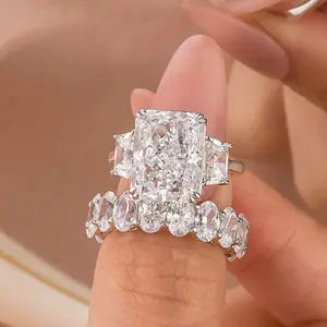 Effinny Three Stone Radiant Cut 8.0ct 2PC Wedding Ring Set,5A Cubic Zirconia Promise Ring, 925 Sterling Silver Bridal Set Rings for Women