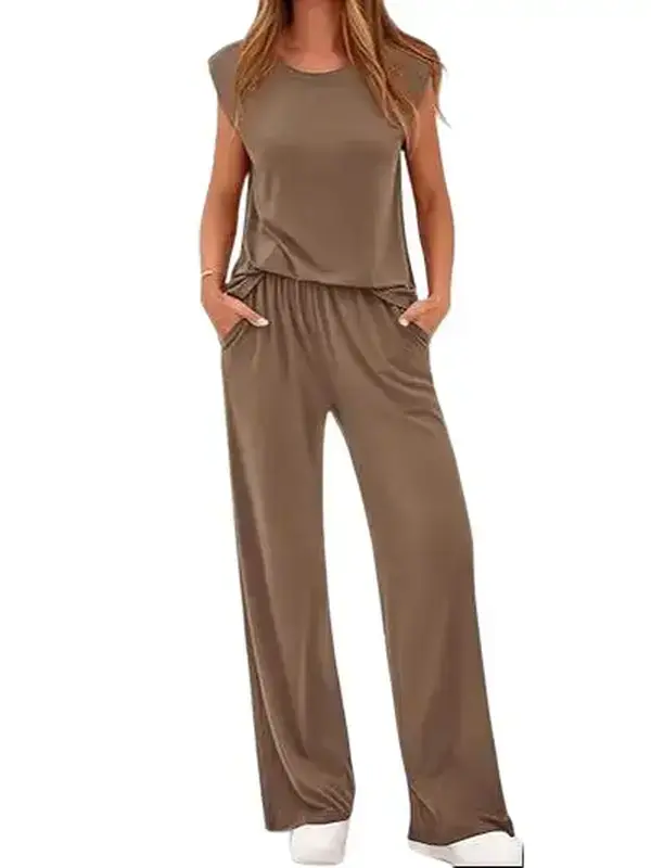 BTFBM 2-Piece Sets for Women Spring 2026 Casual Shoulder Pad Tank Top Wide Leg Pants Matching Set Travel Airport Outfits #Clearance