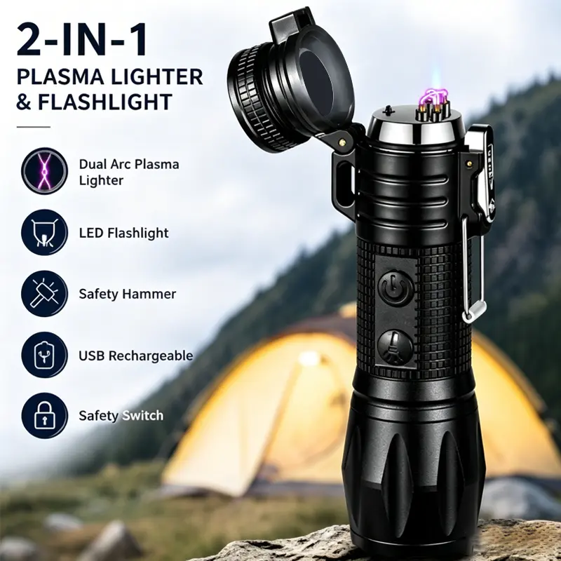 2-in-1 Compact Handheld Lighter with Compass, Windproof Plasma Torch, Rechargeable High-Lumen Bright & Energy-Efficient LED Flashlight, USB-Charging for Hiking/Camping, Lighters for Candle, Outdoor Gift for Boyfriend