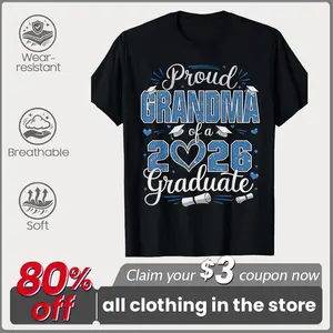 Men's 2026 Proud Grandma Graduate Short-Sleeve Round Neck Black T-Shirt, Streetwear Casual Tee with Glitter Blue Typography, Cap-Diploma-Heart Print, Soft Cotton Daily Wear, Meaningful Grad Gift Apparel, Shortsleeve, Tshirt,summervibes