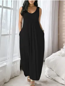 Summer Casual Sleeveless Backless Long Dress with Pockets, Loose Fit Comfortable Slimming Home Wear, Versatile Everyday