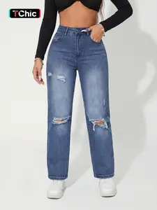 Women's High Waist Medium Blue Washed Ripped Straight Leg Denim Jeans, Vintage Style, Casual American Streetwear, All Seasons
